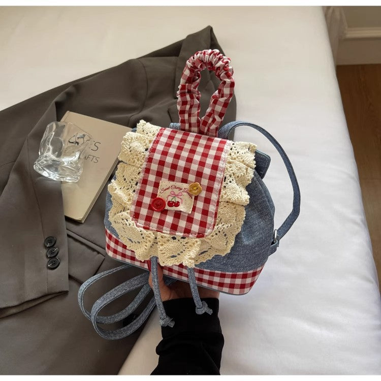 2026 New Korean Style Sweet Lace Backpack for Women, Fashionable Denim Color-Blocking Plaid School Bag