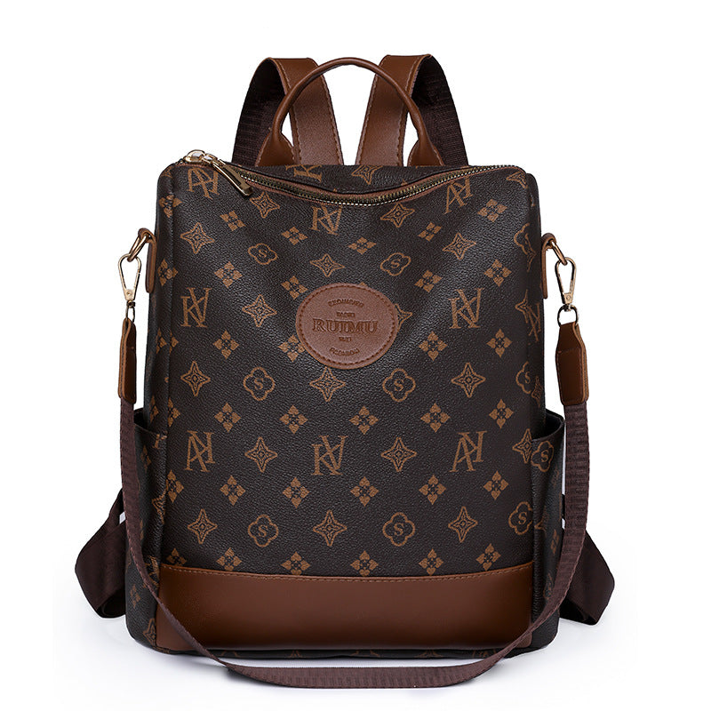Backpack Women's Korean Style New Printed Retro Fashion Soft Leather Bag Large Capacity Work Travel Backpack Trendy