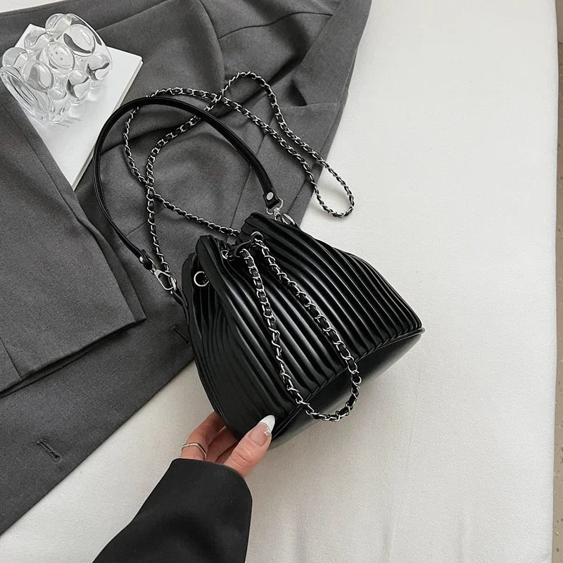 Black Bag For Women Fashion Pleated Strape Design Shoulder Bag Trend Drawstring Bucket Crossbody
