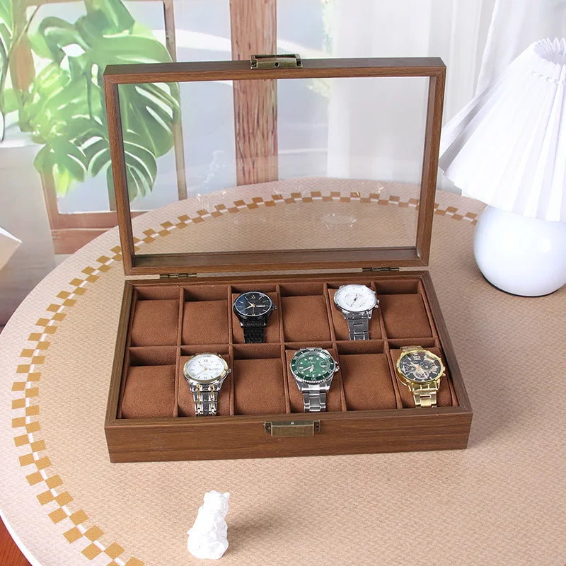 12 Slot Wooden Watch Box with Glass Lid Outside Wood Watch Display Case Gift Box Storage Organizer Props