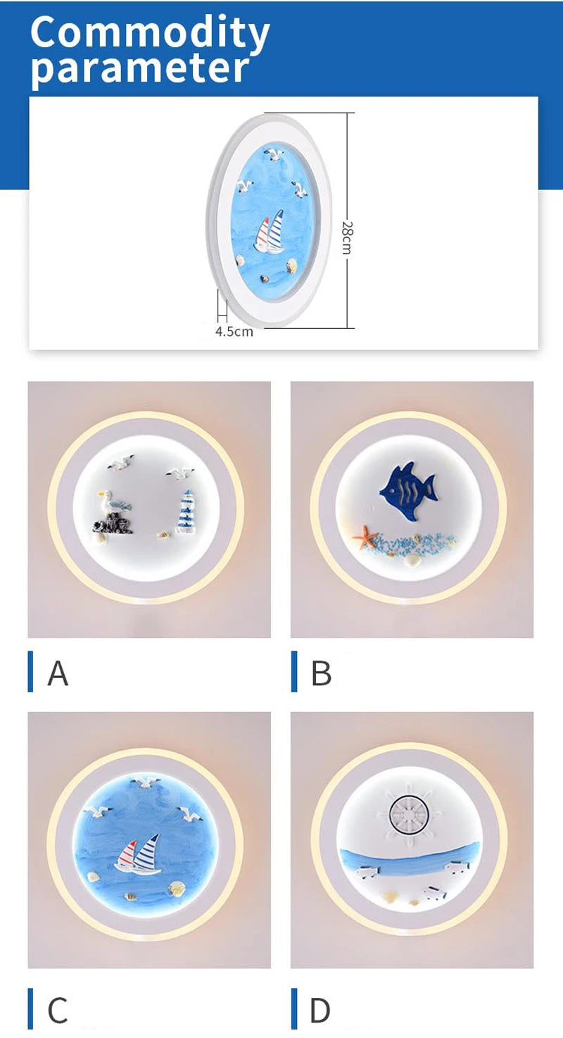 Marine Decorative Wall Lamps Mediterranean Bedside Cartoon LED Lighting Bedroom Background Lamp Cute Children's Room Wall Lights
