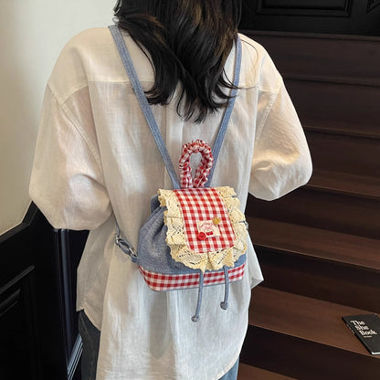 2026 New Korean Style Sweet Lace Backpack for Women, Fashionable Denim Color-Blocking Plaid School Bag