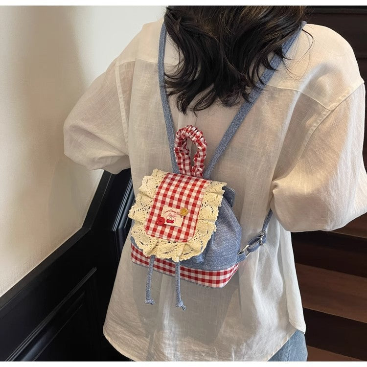 2026 New Korean Style Sweet Lace Backpack for Women, Fashionable Denim Color-Blocking Plaid School Bag