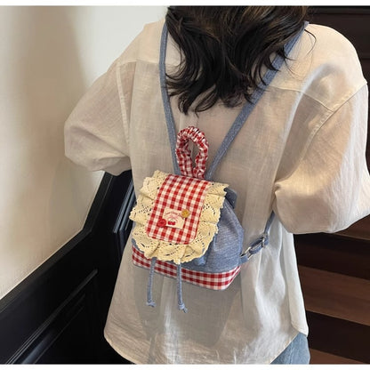 2026 New Korean Style Sweet Lace Backpack for Women, Fashionable Denim Color-Blocking Plaid School Bag
