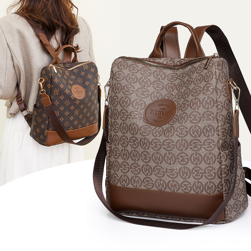 Backpack Women's Korean Style New Printed Retro Fashion Soft Leather Bag Large Capacity Work Travel Backpack Trendy