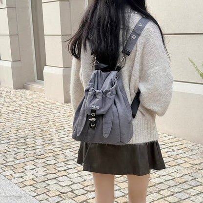 Retro Cute Rabbit Ears Backpack 2026 Niche Design Drawstring Casual Large Capacity Diagonal Backpack