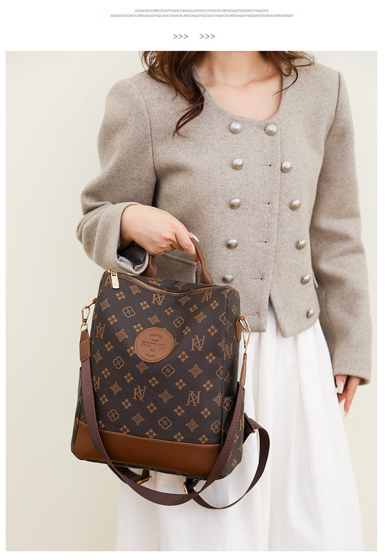 Backpack Women's Korean Style New Printed Retro Fashion Soft Leather Bag Large Capacity Work Travel Backpack Trendy