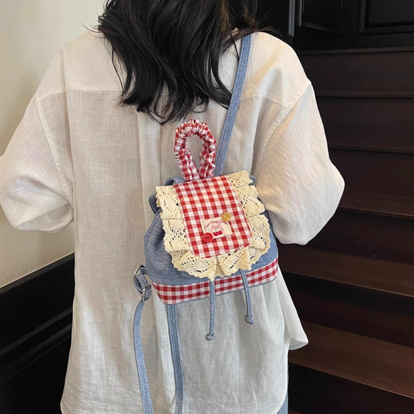 2026 New Korean Style Sweet Lace Backpack for Women, Fashionable Denim Color-Blocking Plaid School Bag