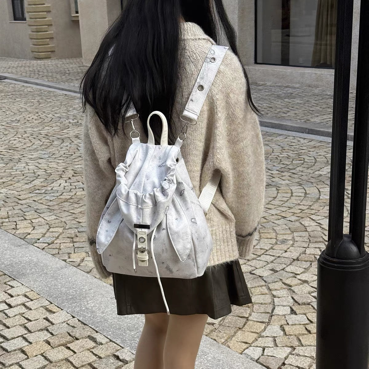 Retro Cute Rabbit Ears Backpack 2026 Niche Design Drawstring Casual Large Capacity Diagonal Backpack