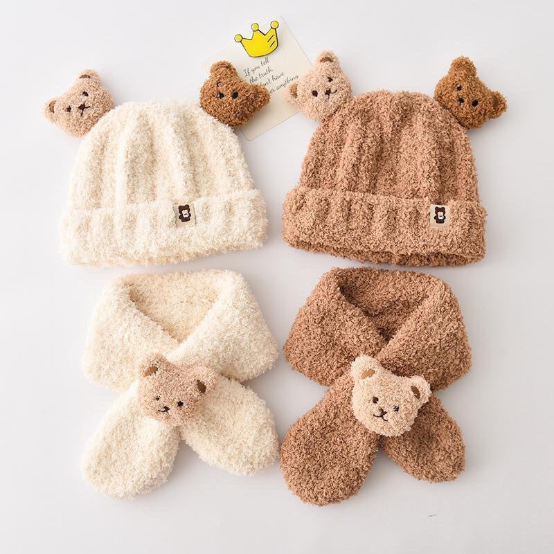 Autumn and winter children's plush bear hat scarf two-piece fleece-lined warm scarf cute plush hat baby