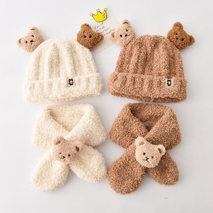 Autumn and winter children's plush bear hat scarf two-piece fleece-lined warm scarf cute plush hat baby