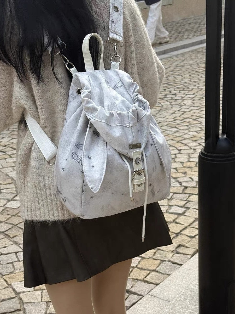 Retro Cute Rabbit Ears Backpack 2026 Niche Design Drawstring Casual Large Capacity Diagonal Backpack