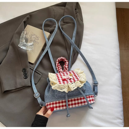 2026 New Korean Style Sweet Lace Backpack for Women, Fashionable Denim Color-Blocking Plaid School Bag