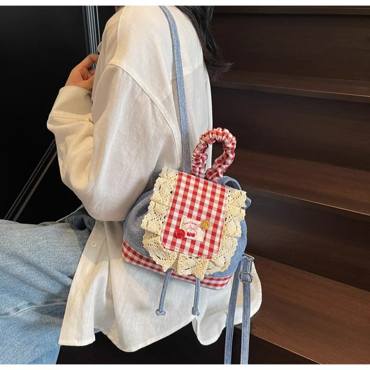 2026 New Korean Style Sweet Lace Backpack for Women, Fashionable Denim Color-Blocking Plaid School Bag