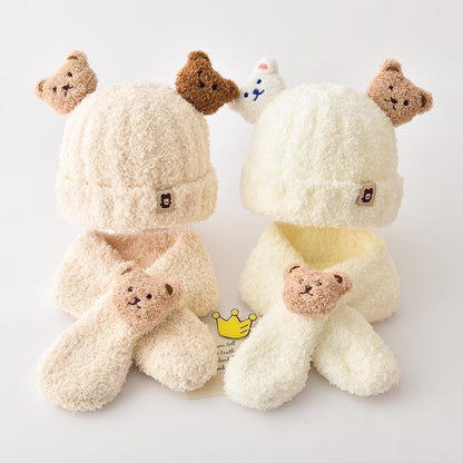 Autumn and winter children's plush bear hat scarf two-piece fleece-lined warm scarf cute plush hat baby