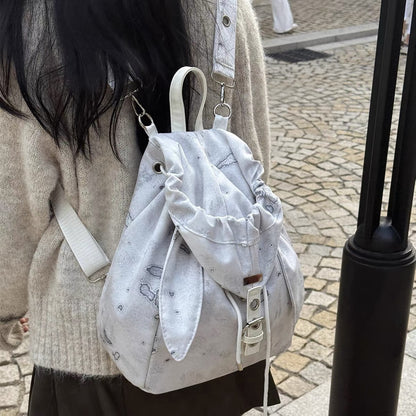 Retro Cute Rabbit Ears Backpack 2026 Niche Design Drawstring Casual Large Capacity Diagonal Backpack