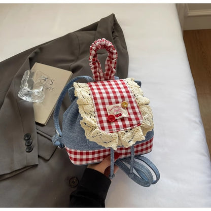 2026 New Korean Style Sweet Lace Backpack for Women, Fashionable Denim Color-Blocking Plaid School Bag