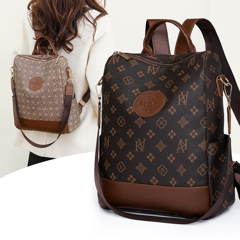 Backpack Women's Korean Style New Printed Retro Fashion Soft Leather Bag Large Capacity Work Travel Backpack Trendy