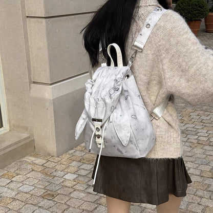 Retro Cute Rabbit Ears Backpack 2026 Niche Design Drawstring Casual Large Capacity Diagonal Backpack