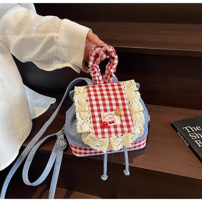 2026 New Korean Style Sweet Lace Backpack for Women, Fashionable Denim Color-Blocking Plaid School Bag
