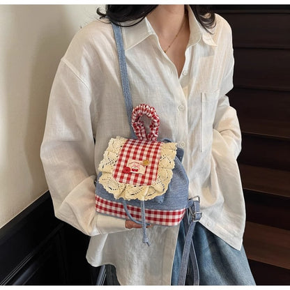 2026 New Korean Style Sweet Lace Backpack for Women, Fashionable Denim Color-Blocking Plaid School Bag