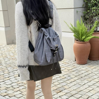Retro Cute Rabbit Ears Backpack 2026 Niche Design Drawstring Casual Large Capacity Diagonal Backpack