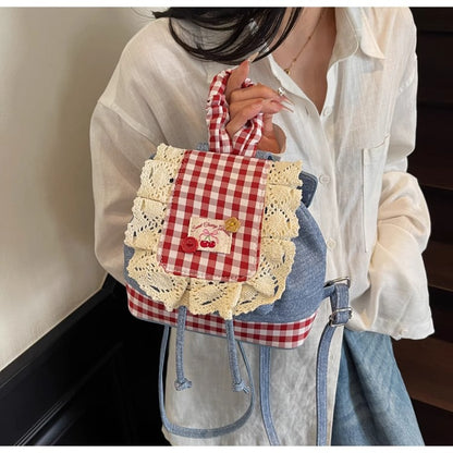 2026 New Korean Style Sweet Lace Backpack for Women, Fashionable Denim Color-Blocking Plaid School Bag