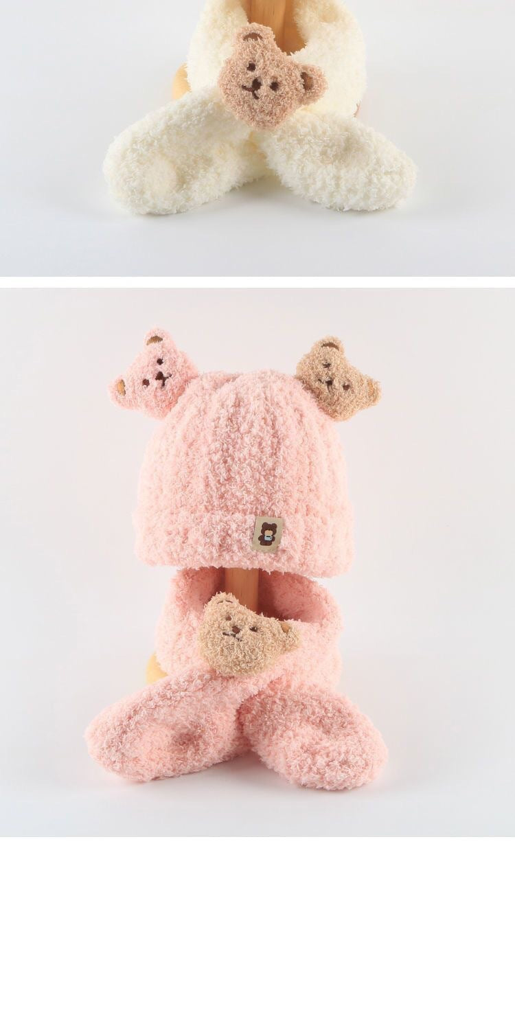 Autumn and winter children's plush bear hat scarf two-piece fleece-lined warm scarf cute plush hat baby