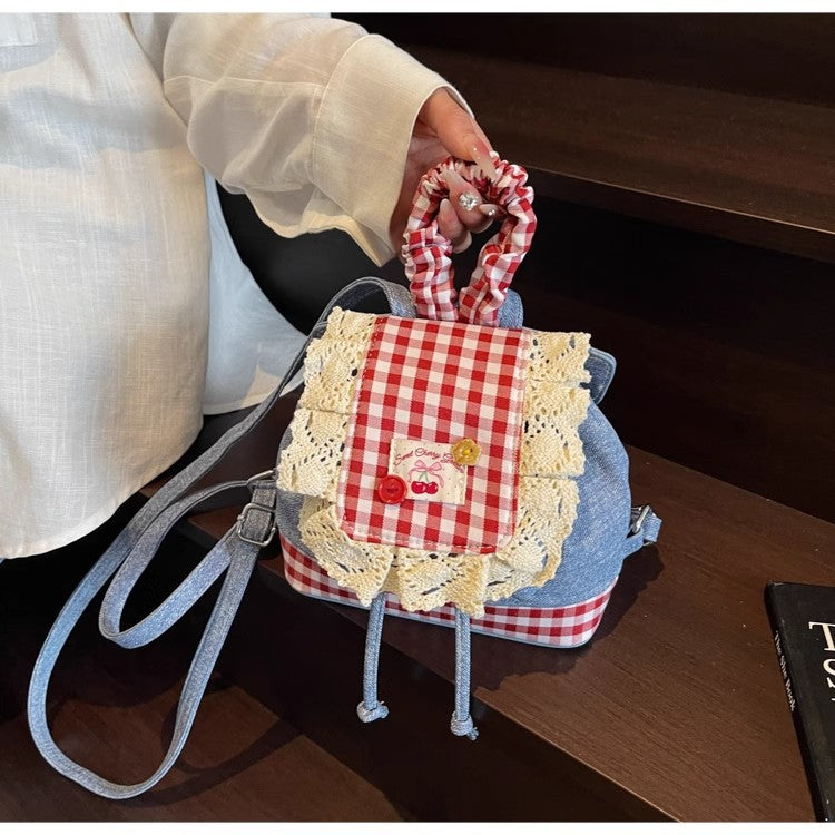2026 New Korean Style Sweet Lace Backpack for Women, Fashionable Denim Color-Blocking Plaid School Bag