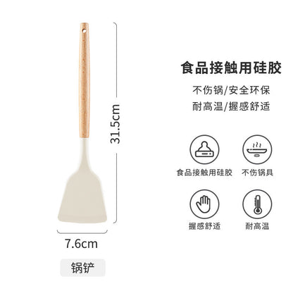 Wooden Handle Silicone Kitchen Utensils Household High Temperature Resistant Spatula Soup Spoon Non-Stick Pan Special Cooking Spatula Spatula Set