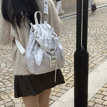 Retro Cute Rabbit Ears Backpack 2026 Niche Design Drawstring Casual Large Capacity Diagonal Backpack