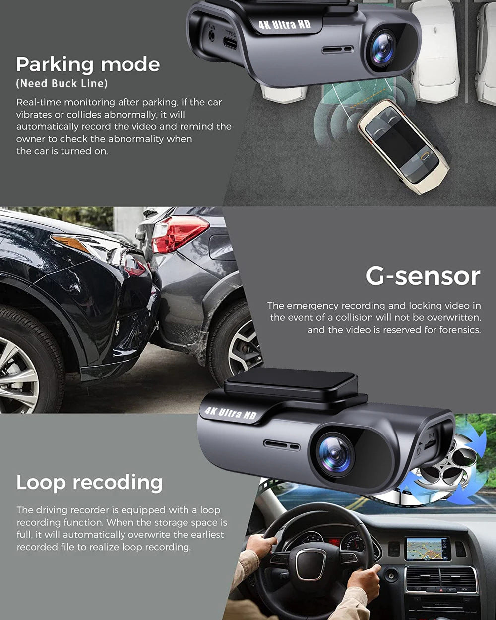 Cross-border 4K CarLog Mobile Phone Interconnection WIFI HD Night Vision Installation-free Car Recorder Shrunk Time Recording