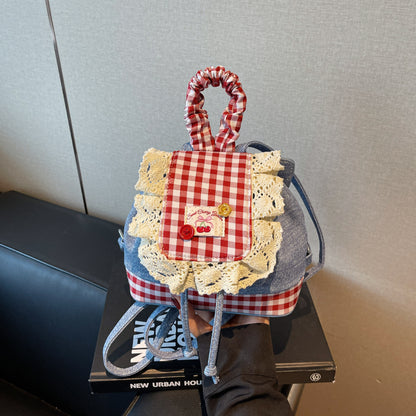 2026 New Korean Style Sweet Lace Backpack for Women, Fashionable Denim Color-Blocking Plaid School Bag