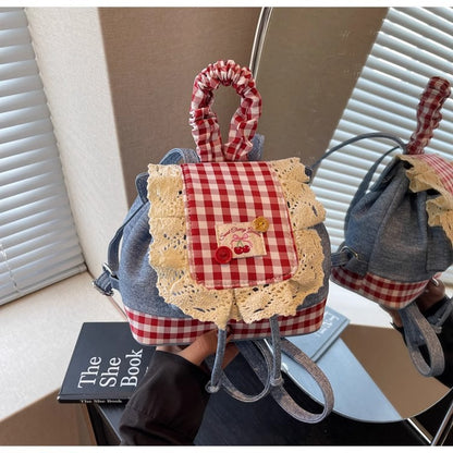 2026 New Korean Style Sweet Lace Backpack for Women, Fashionable Denim Color-Blocking Plaid School Bag