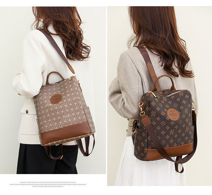 Backpack Women's Korean Style New Printed Retro Fashion Soft Leather Bag Large Capacity Work Travel Backpack Trendy