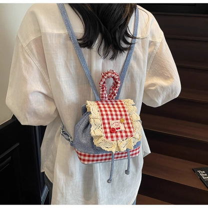 2026 New Korean Style Sweet Lace Backpack for Women, Fashionable Denim Color-Blocking Plaid School Bag