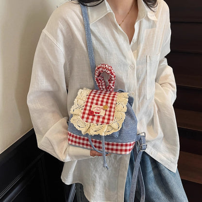 2026 New Korean Style Sweet Lace Backpack for Women, Fashionable Denim Color-Blocking Plaid School Bag