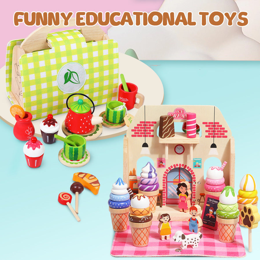Children Pretend Play Toys Wooden Simulation Role Play Game Ice Cream Afternoon Tea Dessert Set Montessori Educational Toys