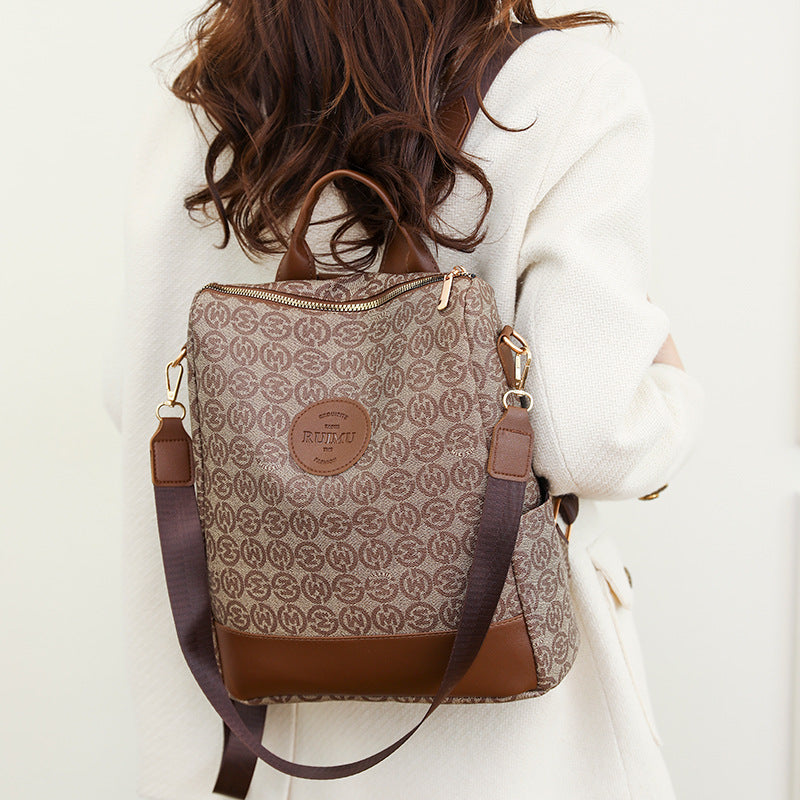 Backpack Women's Korean Style New Printed Retro Fashion Soft Leather Bag Large Capacity Work Travel Backpack Trendy