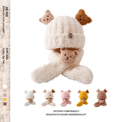Autumn and winter children's plush bear hat scarf two-piece fleece-lined warm scarf cute plush hat baby