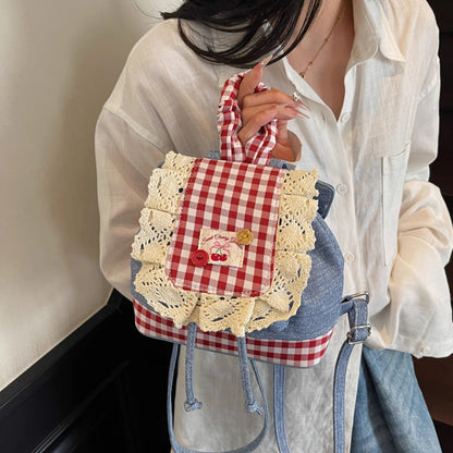 2026 New Korean Style Sweet Lace Backpack for Women, Fashionable Denim Color-Blocking Plaid School Bag