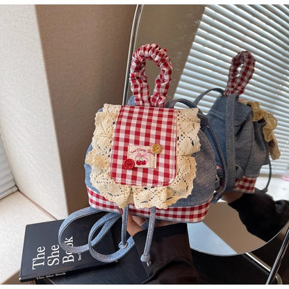 2026 New Korean Style Sweet Lace Backpack for Women, Fashionable Denim Color-Blocking Plaid School Bag