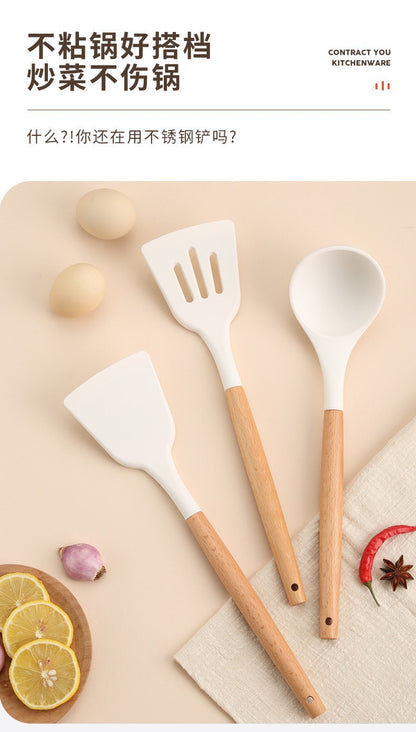 Wooden Handle Silicone Kitchen Utensils Household High Temperature Resistant Spatula Soup Spoon Non-Stick Pan Special Cooking Spatula Spatula Set