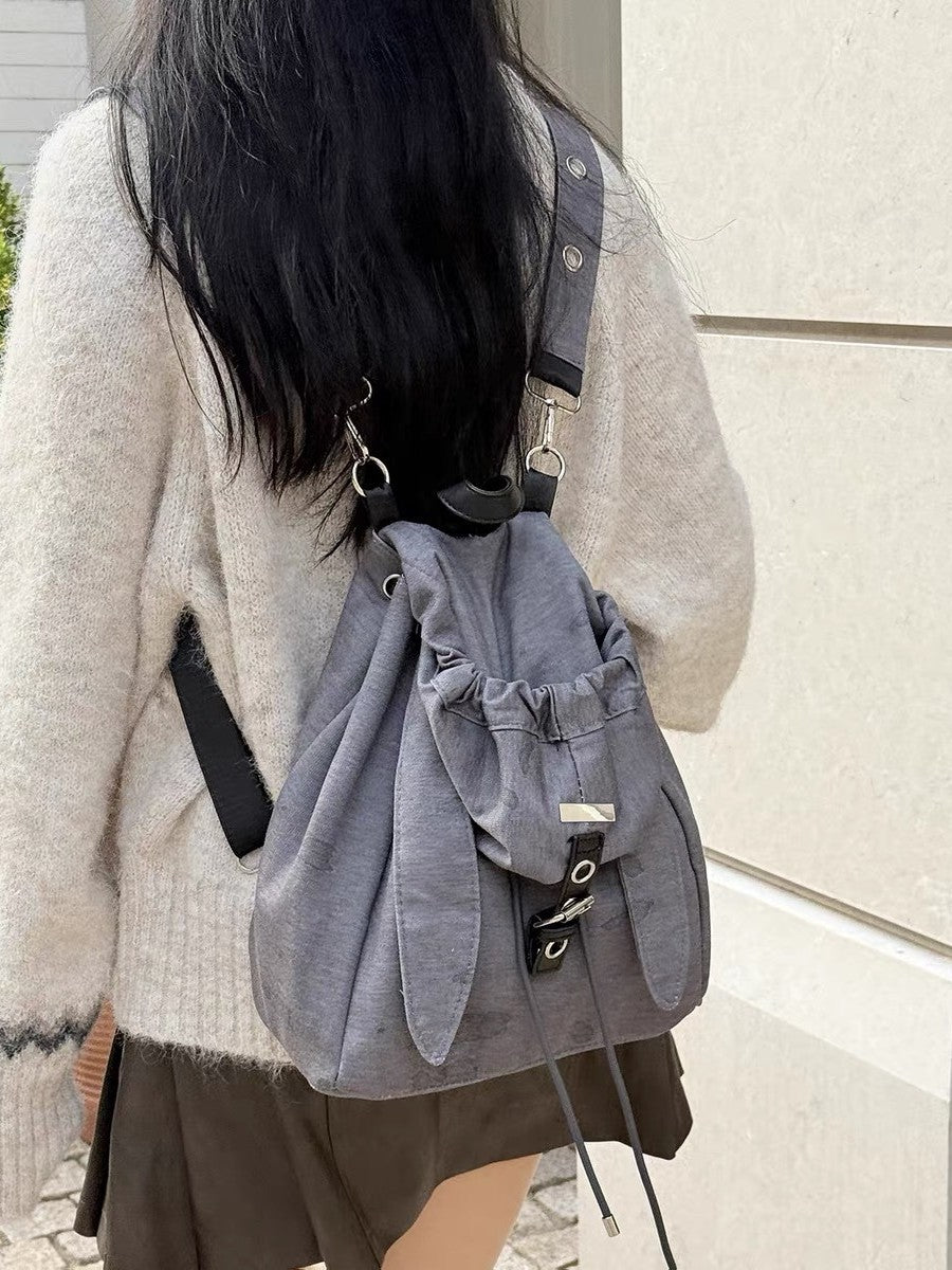 Retro Cute Rabbit Ears Backpack 2026 Niche Design Drawstring Casual Large Capacity Diagonal Backpack