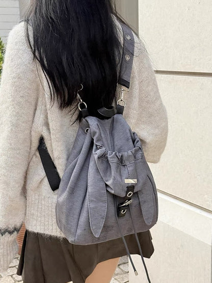 Retro Cute Rabbit Ears Backpack 2026 Niche Design Drawstring Casual Large Capacity Diagonal Backpack
