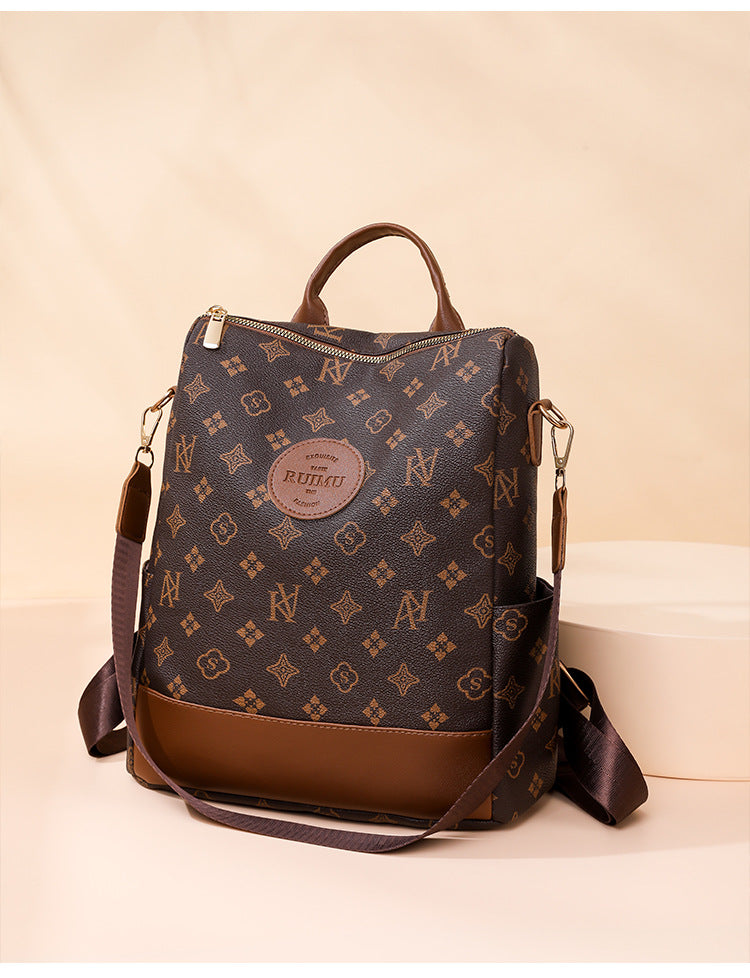 Backpack Women's Korean Style New Printed Retro Fashion Soft Leather Bag Large Capacity Work Travel Backpack Trendy