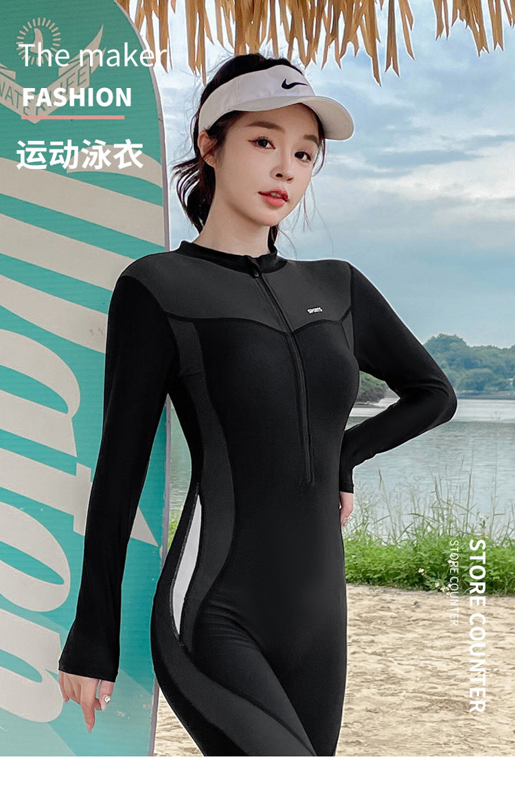 New diving suit women's one-piece long-sleeved sunscreen jellyfish suit snorkeling suit surfing suit slim swimsuit conservative swimsuit