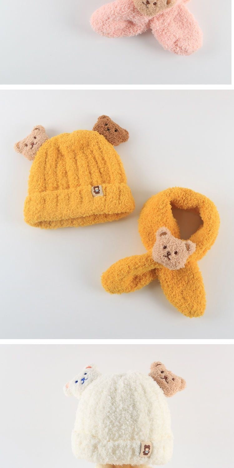 Autumn and winter children's plush bear hat scarf two-piece fleece-lined warm scarf cute plush hat baby