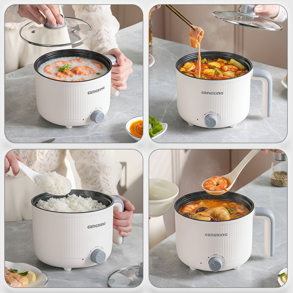Multifunctional electric pot being used for various dishes on a marble surface.
