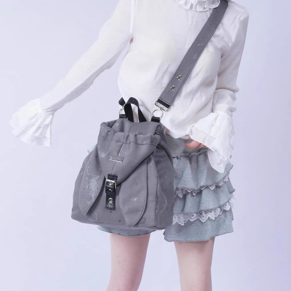 Retro Cute Rabbit Ears Backpack 2026 Niche Design Drawstring Casual Large Capacity Diagonal Backpack
